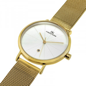 Zegarek Jodan Kerr Na Modnej Bransolecie Typu Mesh - Damski - Symetrycznie Zdobiona Tarcza + Datownik - Kolor Złoty