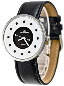 Czarno Biały Damski Zegarek Jordan Kerr z Okrągłą Tarczą - Pofalowana Sekundówka - Indeksy Godzin Zaznaczone Kropkami