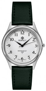 Tradycyjny Uniwersalny Zegarek PERFECT - Kontrastujące Indeksy Na Białej Tarczy - Skórzany Zielony Pasek
