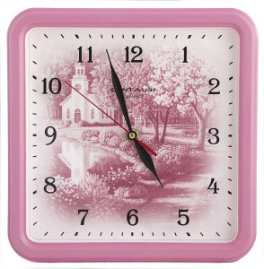 Kwadratowy Zegar Ścienny z Cichym, Płynącym Mechanizmem - Różowe Obramowanie i Tarcza z Obrazkiem