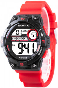 Wielofunkcyjny Zegarek Sportowy XONIX - Wodoszczelny 100m - Uniwersalny Model - Czytelny Elektroniczny Wyświetlacz - Stoper, Timer, Data, Budzik, 2x Czas - CZERWONY