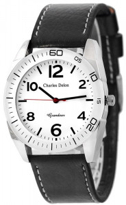 Analogowy Zegarek Charles Delon - Uniwersalny Model - Elegancka, Przejrzysta Tarcza - Czarny Skórzany Pasek Obszyty Białą Nicią