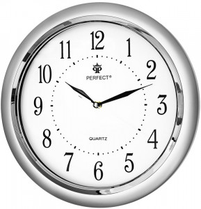 Srebrny Zegar Ścienny PERFECT z Cichym / Płynącym Mechanizmem - 31,5cm Średnicy - Duże Czarne Indeksy Na Białej Tarczy