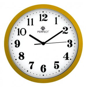 Zegar Ścienny PERFECT Ze Złotą Ramką - Duże Czarne Indeksy Na Białej Tarczy - 30cm Średnicy