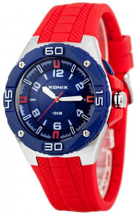 Wskazówkowy Zegarek z Dużą Podświetlaną Tarczą XONIX - Uniwersalny Model - Wodoszczelny 100m - Antyalergiczny - Czerwony Pasek, Granatowa Tarcza + Pudełko