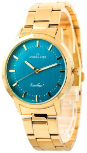 Ekskluzywny Zegarek JORDAN KERR - Uniwersalny Model - Złota Bransoleta + Niebieska Tarcza - Dodający Elegancji