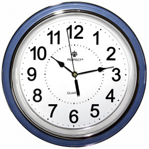 Zegar Ścienny PERFECT z Cichym Płynącym Mechanizmem - Duże Czarne Indeksy Godzin Na Białej Tarczy + Niebiesko / Srebrna Obudowa