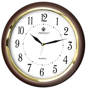 Brązowy Zegar Ścienny PERFECT z Cichym / Płynącym Mechanizmem - 31,5cm Średnicy - Duże Czarne Indeksy Na Białej Tarczy