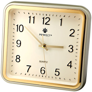 Oryginalny Wskazówkowy Zegar Ścianny PERFECT - Kwadratowy - Klasyczny Wygląd - Cichy Płynący Mechanizm - Beżowa Tarcza, Złota Obudowa - 27,8cm Wysokości