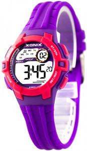 Mały Cyfrowy Zegarek Dziewczęcy XONIX WR100m - Fioletowy z Czerwonymi Elementami - Sportowy, Wielofunkcyjny - Stoper, Timer, Budzik, Drugi Czas, Kurant Godzinny, Podświetlenie + PUDEŁKO - GIRLS