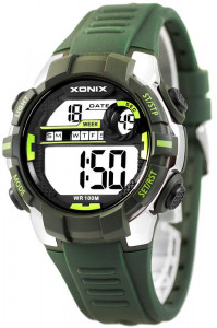 Porządny Zegarek Elektroniczny XONIX - Męski i Chłopięcy Młodzieżowy - Czytelny LCD z Dużymi Cyframi  - Wodoodporny 100m - Wielofunkcyjny - Stoper, Timer, Budzik, Drugi Czas - DARK GREEN