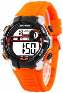 Porządny Zegarek Elektroniczny XONIX - Męski i Chłopięcy Młodzieżowy - Czytelny LCD z Dużymi Cyframi - Wodoodporny 100m - Wielofunkcyjny - Stoper, Timer, Budzik, Drugi Czas - ORANGE 