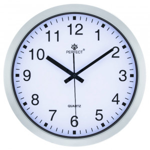 Solidny Zegar Ścienny PERFECT - Wskazówkowy - Wyraźna i Czytelna Biała Tarcza z 2,5cm Czarnymi Indeksami Godzin - Srebrna Ramka - 30,5cm Średnicy
