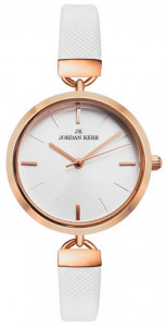 Okrągły Damski Zegarek Jordan Kerr - Cienki Skórzany Pasek z Fakturą - Symetryczna Tarcza - BIAŁY