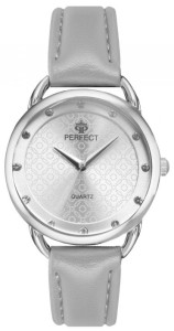 Stylowy Damski Zegarek PERFECT - Indeksy Oznaczone Cyrkoniami - Tarcza Zdobiona Estetycznym Wzorem - Skórzany Pasek z Obszyciem
