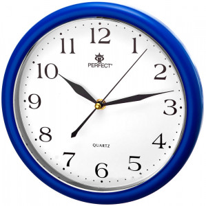 Okrągły Niebieski Zegar Na Ściane z Cichym Mechanizmem Marki Perfect - Zasilany Bateriami - Wyraźna Biała Tarcza z Czarnymi Indeksami - 25cm Średnicy