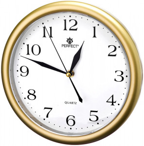 Okrągły Złoty Zegar Na Ściane z Cichym Mechanizmem Marki Perfect - Zasilany Bateriami - Wyraźna Biała Tarcza z Czarnymi Indeksami - 25cm Średnicy