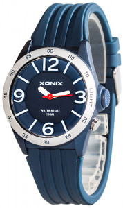 Wskazówkowy Zegarek XONIX WR100m - Podświetlana Tarcza z Dużymi Indeksami Godzin - Uniwersalny Rozmiar - Młodzieżowy i Damski - Antyalergiczny - Granatowy + Srebrny Ring