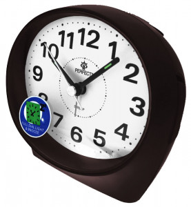 Zegarek Budzik PERFECT z Owalną Tarczą - Cichy Płynący Mechanizm - Podświetlenie Diodą LED - Funkcja Drzemki - Brązowy