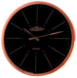 Duży Zegar Ścienny Chermond - Nowoczesny Design - 32cm Średnicy - Model Bez Wskazówki Sekundowej - Obudowa w Kolorze Rose Gold  / Czarna Tarcza