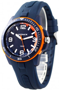 Zegarek XONIX WR100m - Męski i Dla Chłopaka - Analogowy Mechanizm + Duże Srebrne Indeksy Na Tarczy - Długi Syntetyczny Pasek - Granatowy + Pomarańczowe Elementy