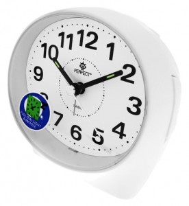 Zegarek Budzik PERFECT z Owalną Tarczą - Cichy Płynący Mechanizm - Podświetlenie Diodą LED - Funkcja Drzemki - Biały