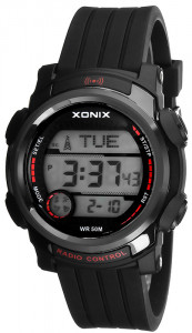 Męski i Młodzieżowy Zegarek Cyfrowy XONIX - Wodoodporny WR50m - Wielofunkcyjny - Radio Control, Alarm, Timer, Stoper, AM PM, Czas Światowy, Podświetlenie - Pudełko - Czarny