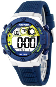 Uniwersalny Zegarek Elektroniczny XONIX Wodoszczelny 100m - Wielofunkcyjny - Stoper, Timer, Data, Podświetlenie, Druga Strefa Czasowa - Granatowy + Zielone Elementy