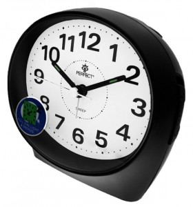 Zegarek Budzik PERFECT z Owalną Tarczą - Cichy Płynący Mechanizm - Podświetlenie Diodą LED - Funkcja Drzemki - Czarny