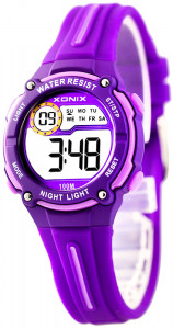 Sportowy Zegarek Elektroniczny XONIX - Wodoszczelny 100m - Dla Dziewczynki i Damski - Wielofunkcyjny - Stoper, Data, Podświetlenie, Alarm - Fioletowy z Jasnoróżowymi Akcentami 