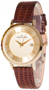 Zegarek Damski Jordan Kerr z Datownikiem - Połyskujący Skórzany Pasek w Kolorze Brązowym - Klasyczna Złota Tarcza Ze Złotymi Indeksami
