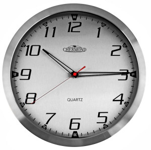 Zegar z Charakterem Marki Chermond - Bardzo Duży 40cm Średnicy - Srebrny z Czerwoną Sekundówką - Metalowa Obudowa - Duże Indeksy Godzin + Podziałka Minut