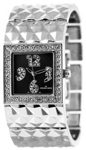 Zegarek Damski Jordan Kerr z Kwadratową Tarczą  - Duże Indeksy Wyłożone Cyrkoniami - Srebrna Pikowana Bransoleta