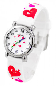 Biały Zegarek Dziecięcy Dla Dziewczynki Fantastick - Ozdobiony Czerwonymi Sercami