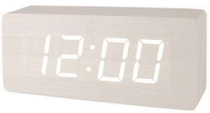 Czytelny Drewniany Budzik XONIX Na Baterie - Nowoczesny Model - Termometr Datownik Aktywacja Głosowa Wyświetlacza - 21cm Szerokości - Biały