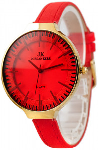 Zegarek Damski Jordan Kerr z Dużą Okrągłą Kopertą i Wąskim Skórzanym Paskiem - Tarcza Ozdobiona Brokatowym Ringiem - Duże Czarne Indeksy - RED