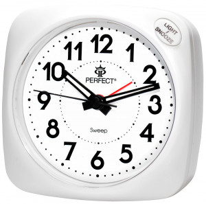 Stołowy Zegarek z Budzikiem PERFECT - Cichy Płynący Mechanizm - Narastający Dźwięk Alarmu - Podświetlenie - Biały