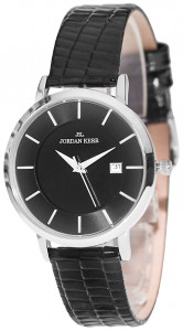 Zegarek Damski Jordan Kerr z Datownikiem - Połyskujący Skórzany Pasek w Kolorze Czarnym - Klasyczna Czarna Tarcza Ze Srebrnymi Indeksami