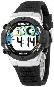 Uniwersalny Zegarek Elektroniczny XONIX Wodoszczelny 100m - Wielofunkcyjny - Stoper, Timer, Data, Podświetlenie, Druga Strefa Czasowa - Czarny + Niebieskie Elementy