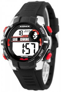 Porządny Zegarek Elektroniczny XONIX - Męski i Chłopięcy Młodzieżowy - Czytelny LCD z Dużymi Cyframi - Wodoodporny 100m - Wielofunkcyjny - Stoper, Timer, Budzik, Drugi Czas - BLACK/RED