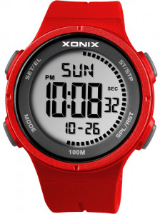 Wielofunkcyjny Sportowy Zegarek Marki XONIX - Elektroniczny Wyświetlacz LCD - Męski i Młodzieżowy - Wodoszczelny 100m - Podświetlenie, Stoper, Timer, Budzik, Sygnał Pełnej Godziny - Czerwony
