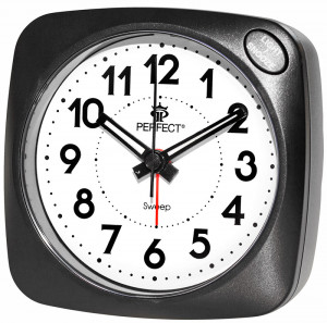 Stołowy Zegarek z Budzikiem PERFECT - Cichy Płynący Mechanizm - Narastający Dźwięk Alarmu - Podświetlenie - Czarny