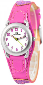 Mały Zegarek Jordan Kerr Dla Młodszej i Starszej Dziewczyny - Skórzany Różowy Pasek z Podkładką Zdobiony Serduszkami