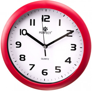 Klasyczny Zegar Ścienny PERFECT - Biała Tarcza z Czarnymi Cyframi - Analogowy Na Baterie - Do Pokoju Gabinetu Kuchni Sypialni - 25cm - Czerwony