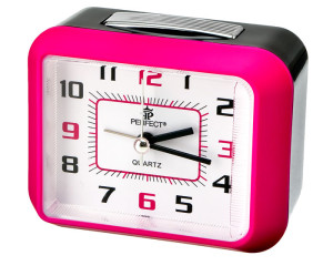 Mały Wskazówkowy Zegarek z Budzikiem PERFECT - Funkcja 4 minutowej drzemki - Podświetlana Biała Tarcza, Różowa Obudowa - 7,2cm Wysokości