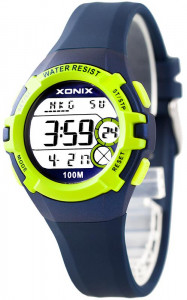 Sportowy Zegarek Elektroniczny XONIX - Uniwersalny Model - Wodoszczelny 100m - Zaawansowane Funkcje - Czas Światowy, 3x Alarm Dzienny, 5x Alarm Jednorazowy, Stoper 15 Międzyczasów, Timer 3 Interwały - Granatowy