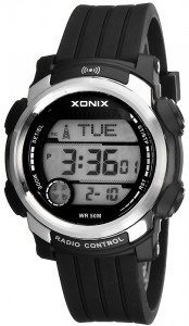 Męski i Młodzieżowy Zegarek Cyfrowy XONIX - Wodoodporny WR50m - Wielofunkcyjny - Radio Control, Alarm, Timer, Stoper, AM PM, Czas Światowy, Podświetlenie - Pudełko - Czarny