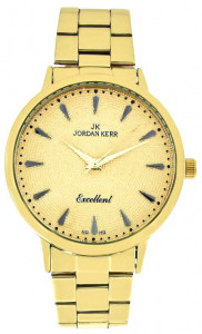 Złoty Damski Zegarek Jordan Kerr Na Błyszczącej Bransolecie - Tarcza Zdobiona Fakturą - Duże Oznaczenia 