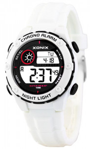 Uniwersalny Zegarek Cyfrowy XONIX - Wodoszczelny 100m - Wielofunkcyjny - Podświetlenie, Data, Budzik, Stoper 100 Międzyczasów + Pamięć Pomiarów - Syntetyczny Pasek - Antyalergiczny - BIAŁY