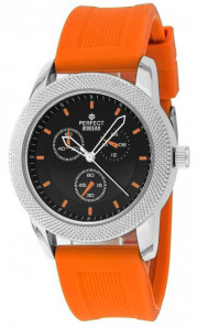 Damski Zegarek PERFECT - Syntetyczny Pomarańczowy Pasek - Koperta Zdobiona Frezowanym Wzorem Przechodzącym Na Tarcze